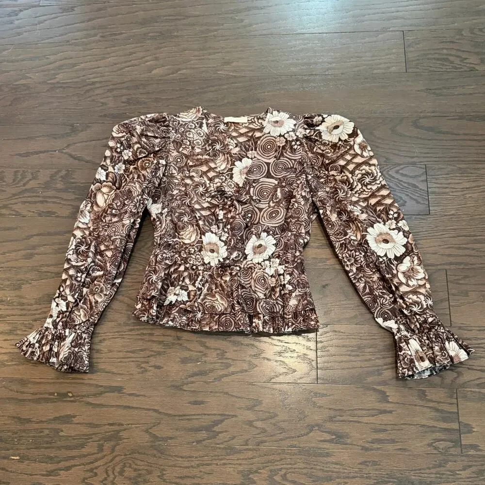 Ulla Johnson Brown Floral Cotton Peplum Blouse Puff Sleeve Boho Romantic Size 4